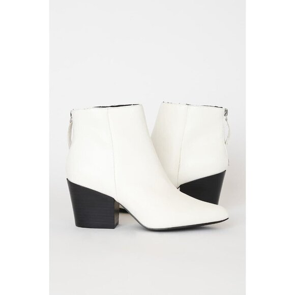 LULUS Brya White Vegan Leather Pointed-Toe Chunky Heel Ankle Bootie 7.5 - Picture 4 of 7